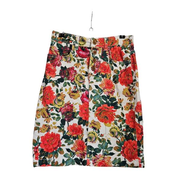 Maeve Dresses & Skirts - Maeve by Anthropologie Denim Skirt Rose Floral Pockets Button Fly Stretch Size 0